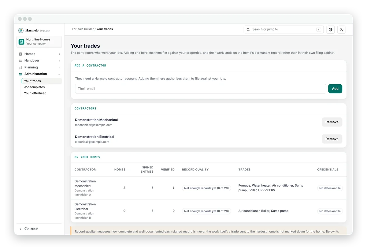 Builder console, your trades: contractors authorised to file against your lots