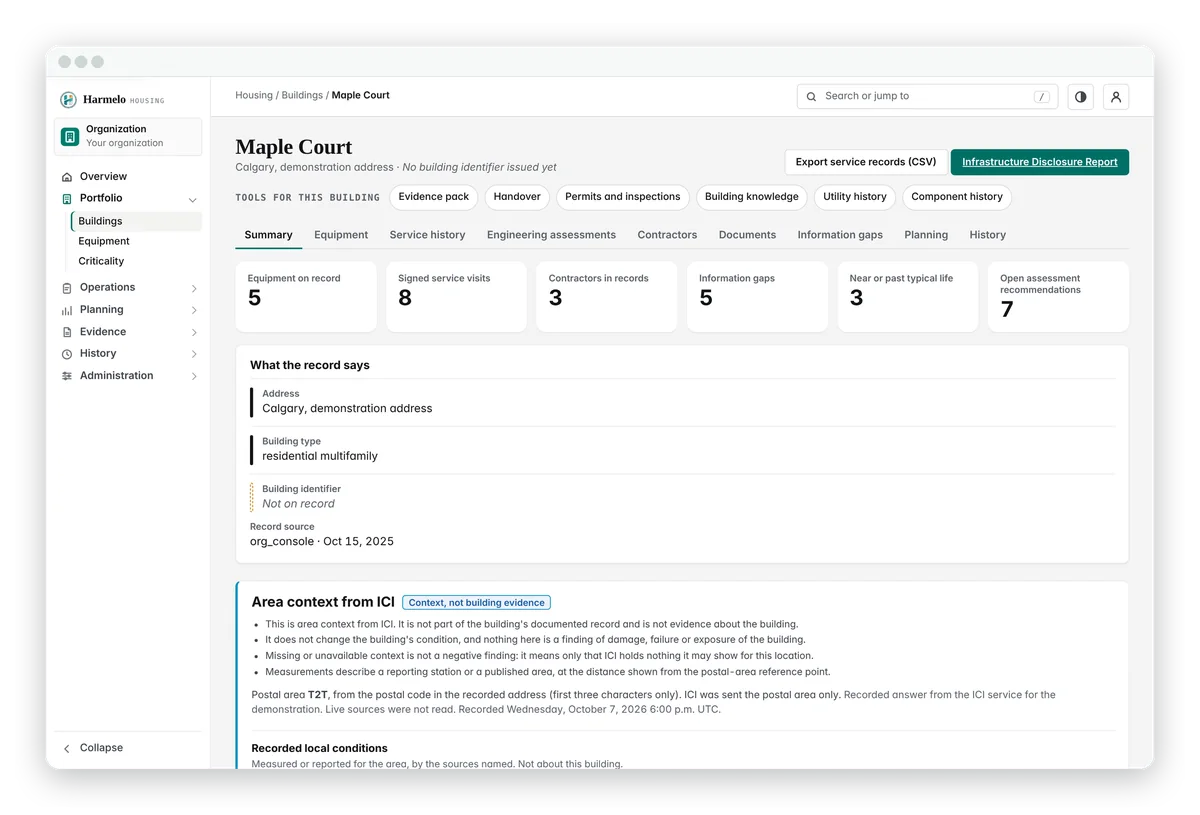 Building record for Maple Court, a fictional building: equipment on record, signed service visits, contractors in the records, information gaps and recent activity.