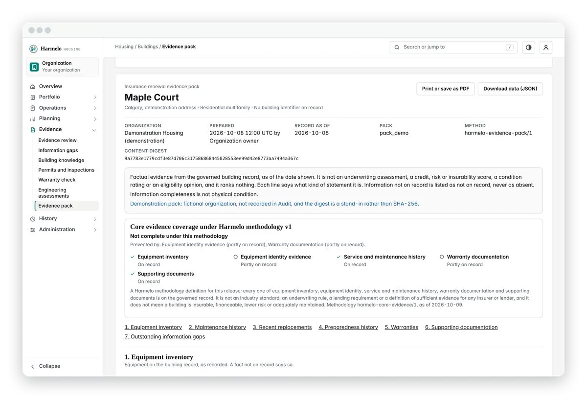 Evidence pack for an insurance renewal: the content digest, the statement of what it is and is not, core evidence coverage and the equipment inventory with statement classes.