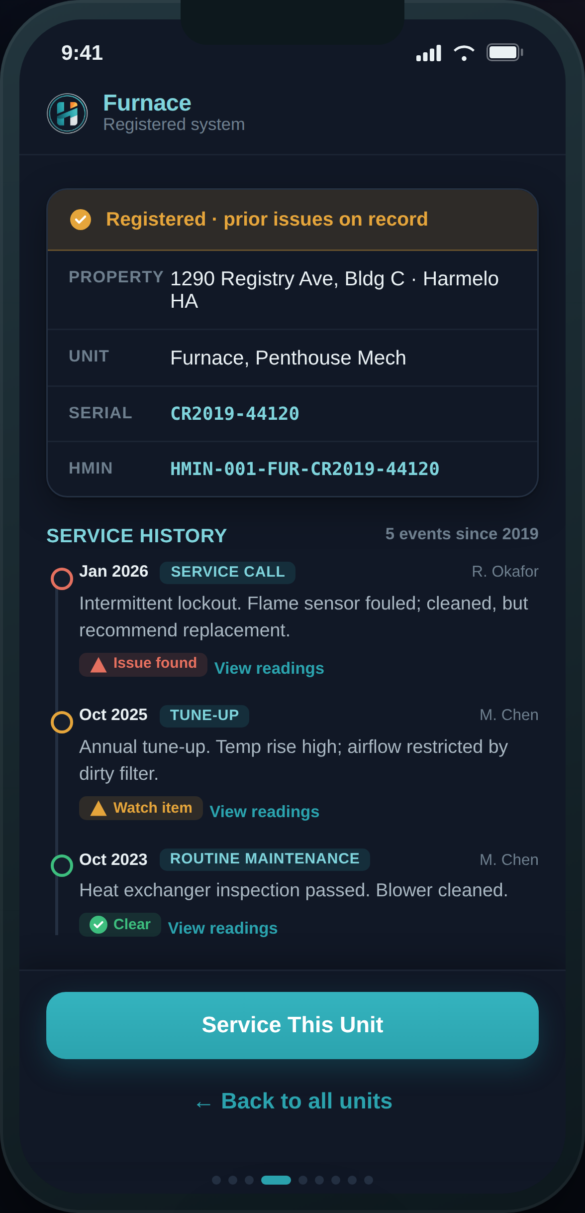 A contractor viewing a system's full service history in the field app before a visit