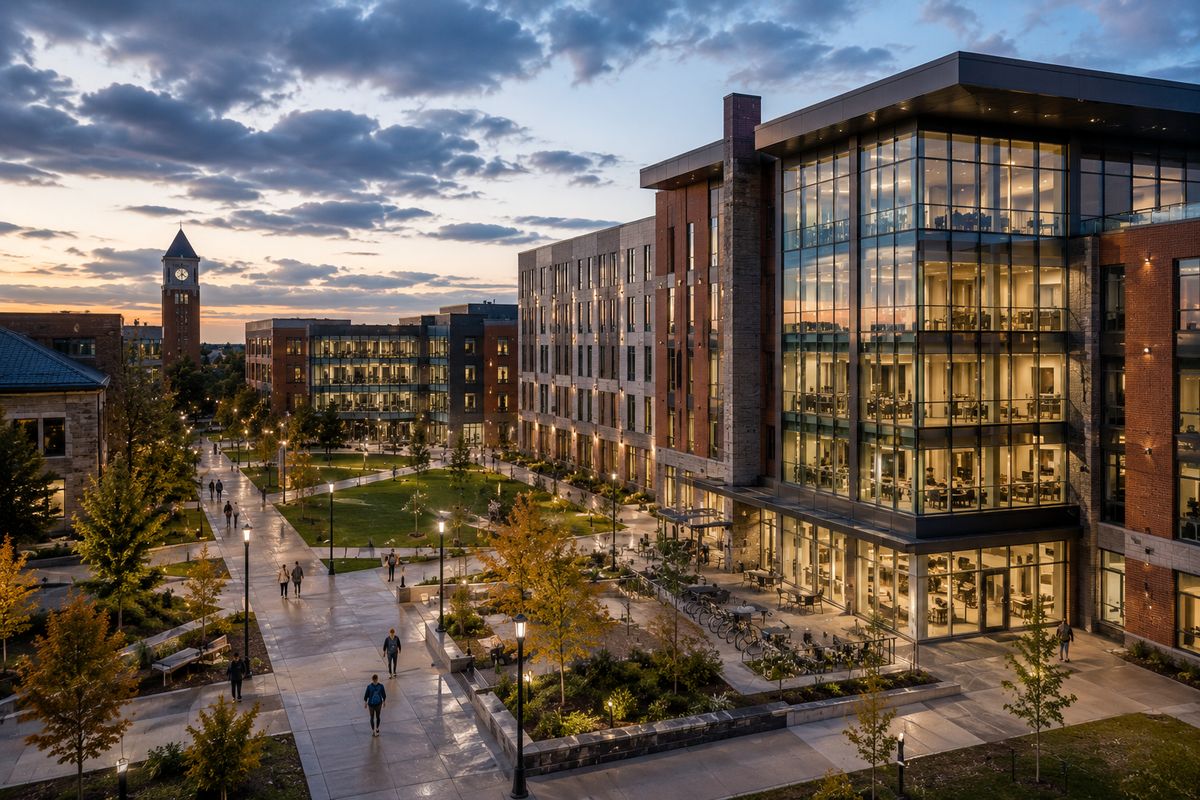 A university campus at sunset with a glazed academic building and a clock tower behind