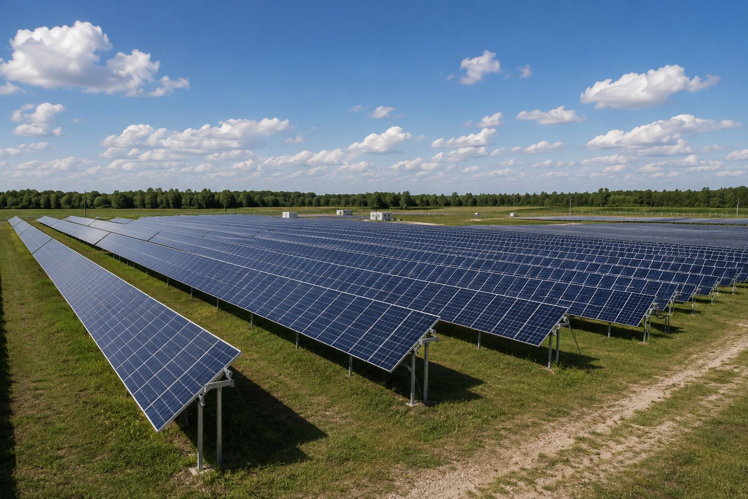Rows of ground-mounted solar panels stretching to a treeline under a bright sky